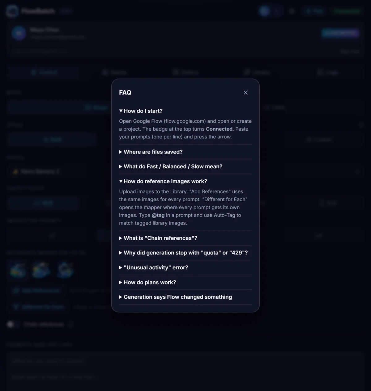 The in-panel FAQ with two questions expanded.