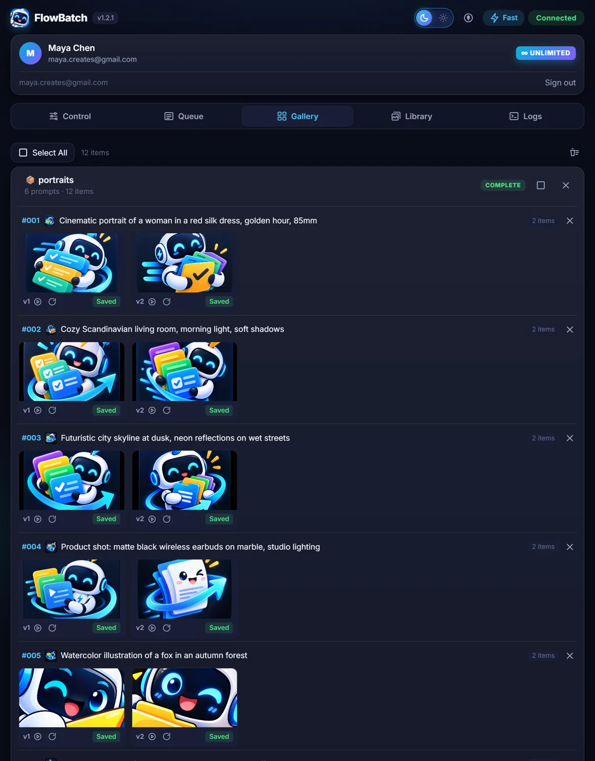 The Gallery grouped by prompt, each result marked Saved.