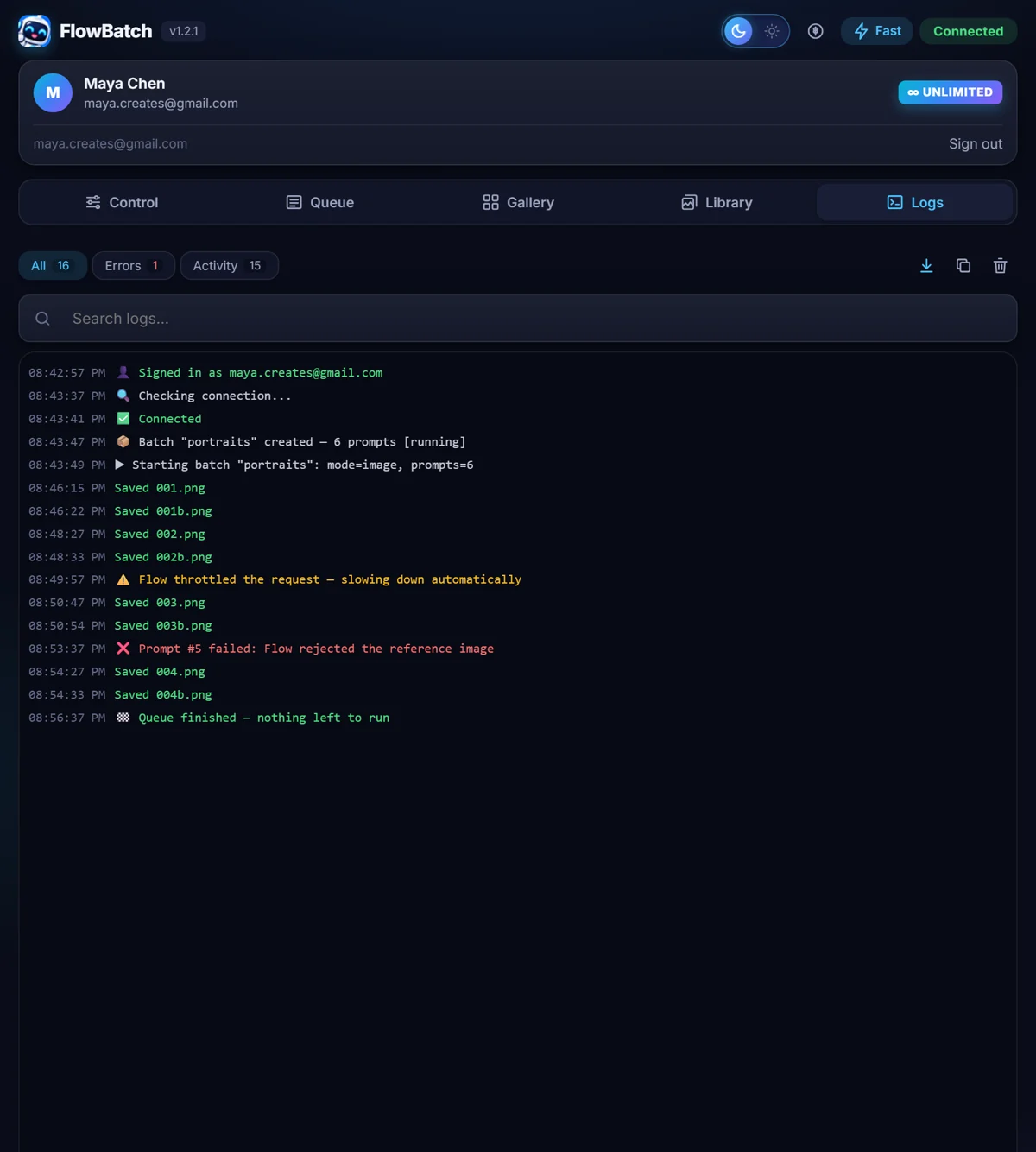 The Logs tab showing connection, saved files, a throttling warning and one failed prompt.