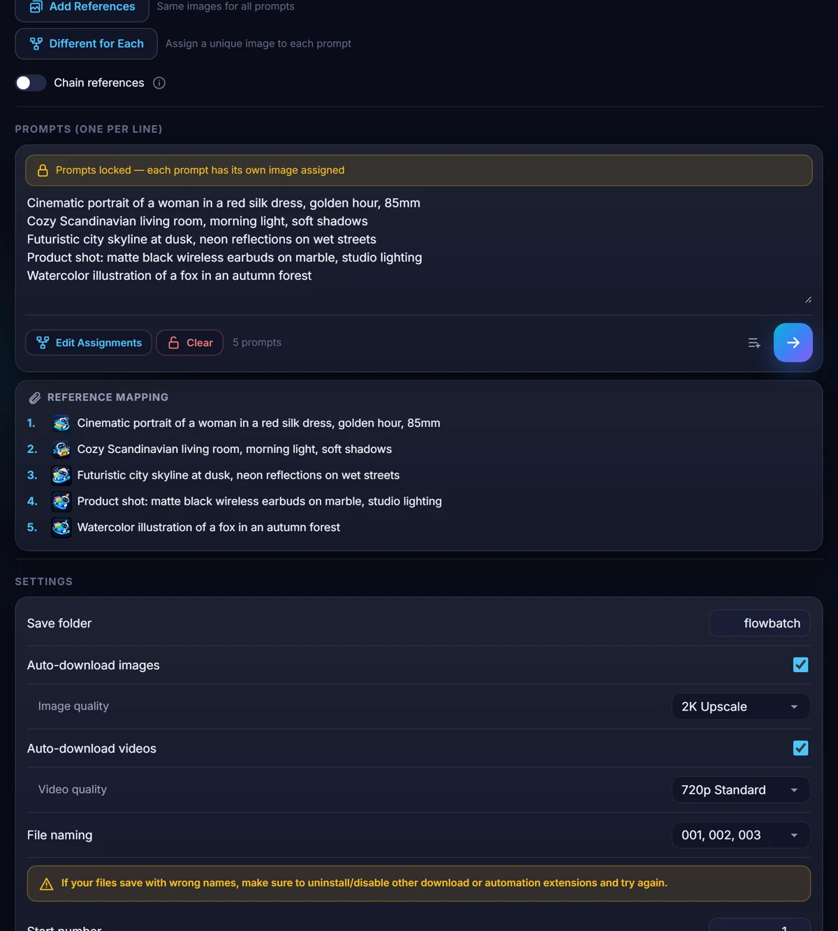 The Control tab showing the saved mapping preview, each prompt paired with a thumbnail.