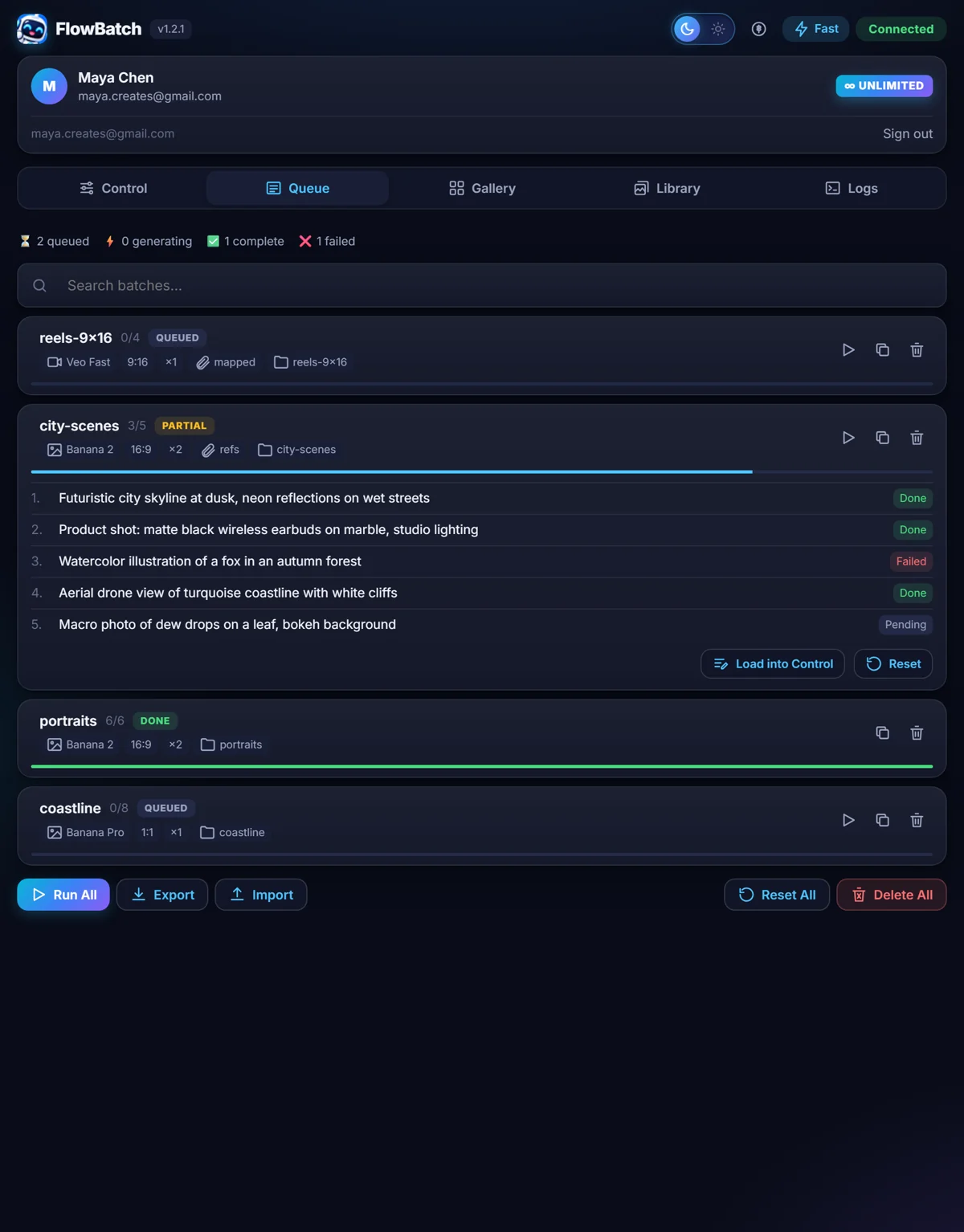 The Queue tab with four batches in different states, one expanded to show per-prompt status.