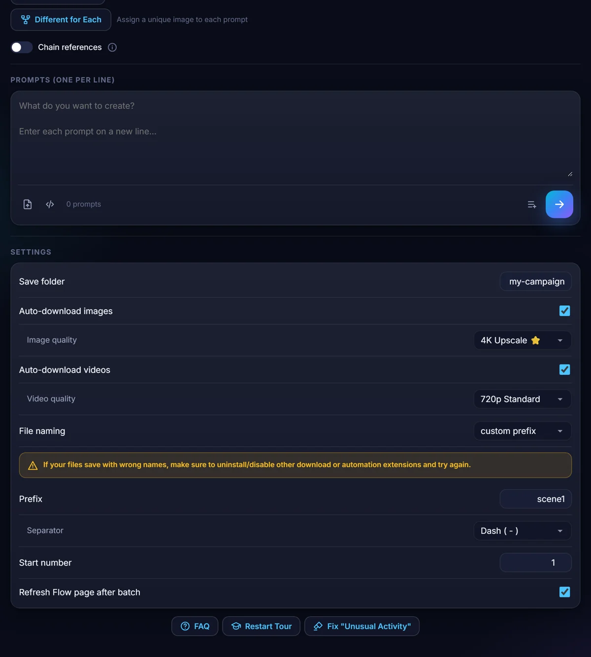 The Settings card with save folder, auto-download switches, quality and file naming.