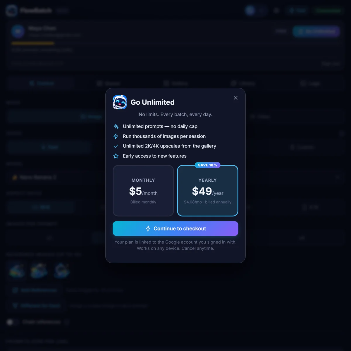 The Go Unlimited window showing the monthly and yearly prices.