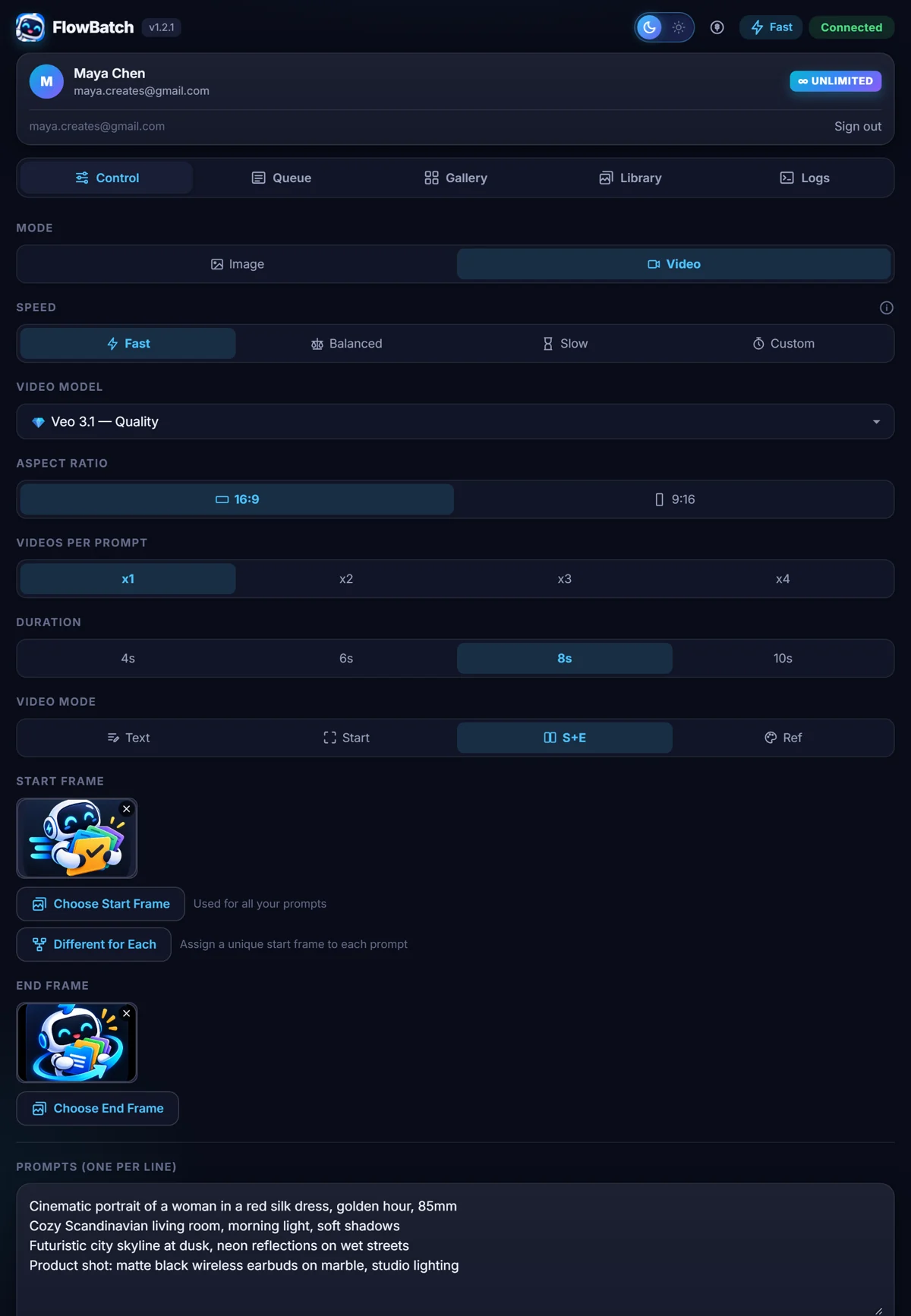 Video settings with the Veo model, eight second duration and the start plus end frame mode selected.